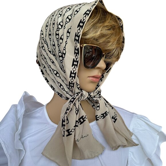 Vintage La Belle Creole Paris Silk Scarf Beige Black Chain Print 42inx10in Glam - Picture 10 of 11